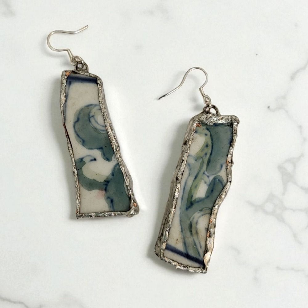 Broken China Abstract Silver Plated Earrings Upcycled Jewelry